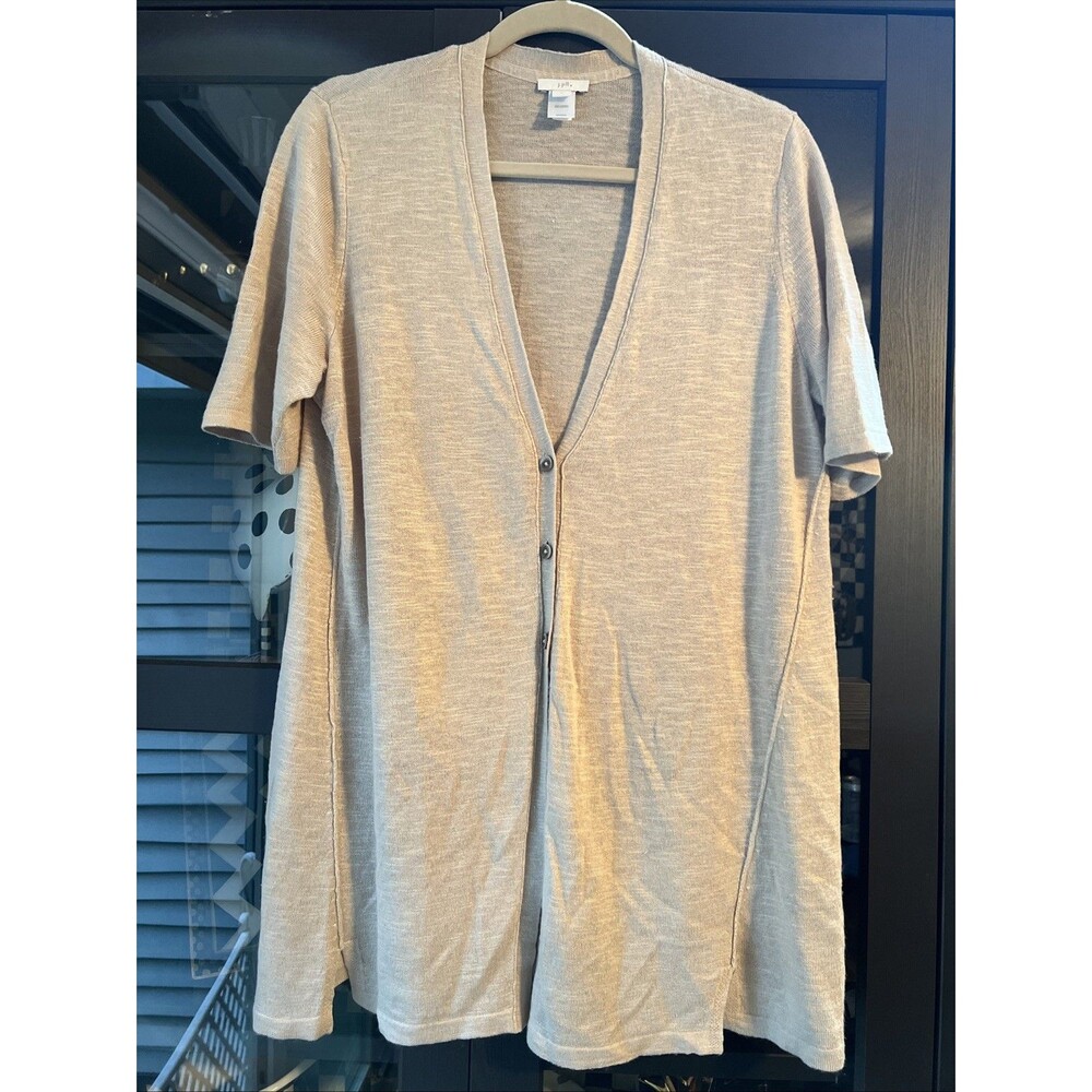 JJill Beige Short Sleeve Button Cardigan Sweater Linen Rayon Blend M Medium